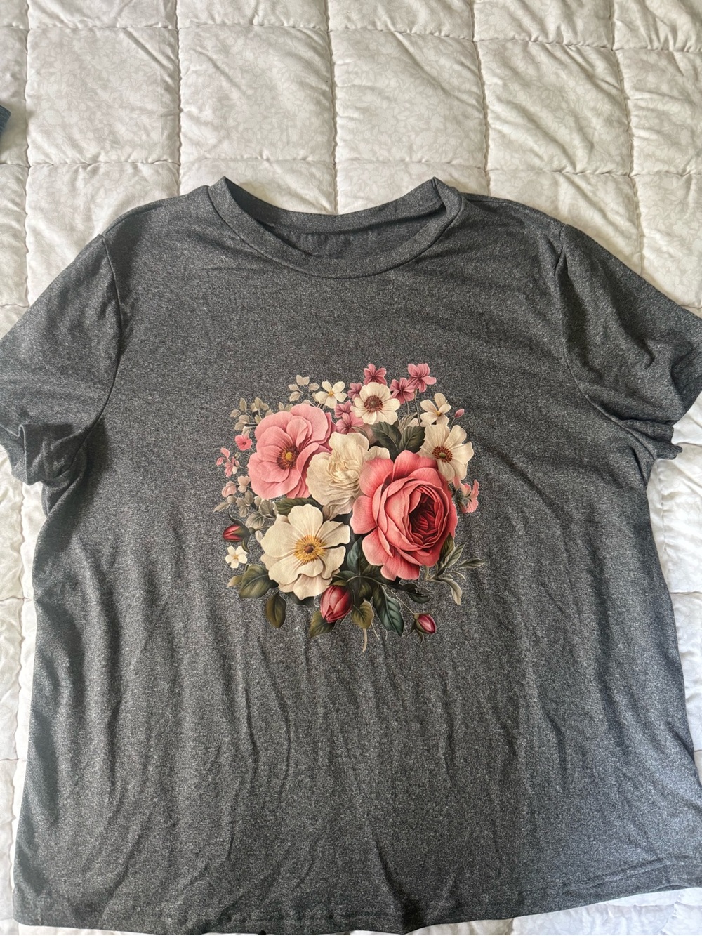 Charcoal Floral Graphic Women’s Tee with Pink Roses